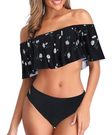 Sets Women Off-Shoulder Two Piece Bikini Set Ruffled Floral Print Swimsuit - Marguerite Print - C01980KC4O5