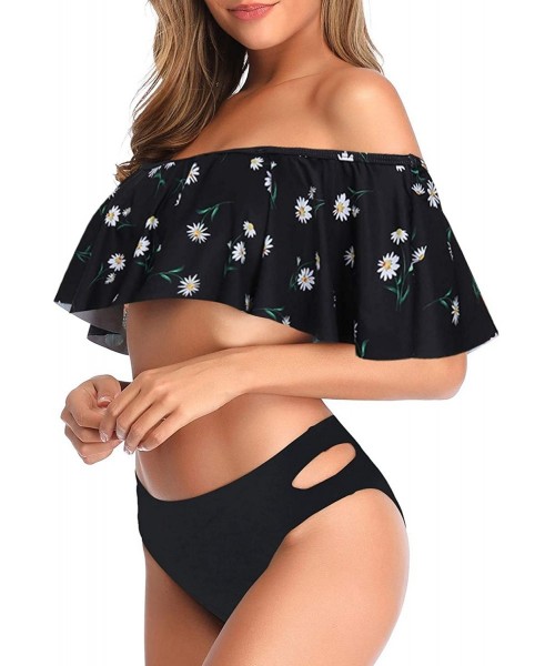 Sets Women Off-Shoulder Two Piece Bikini Set Ruffled Floral Print Swimsuit - Marguerite Print - C01980KC4O5