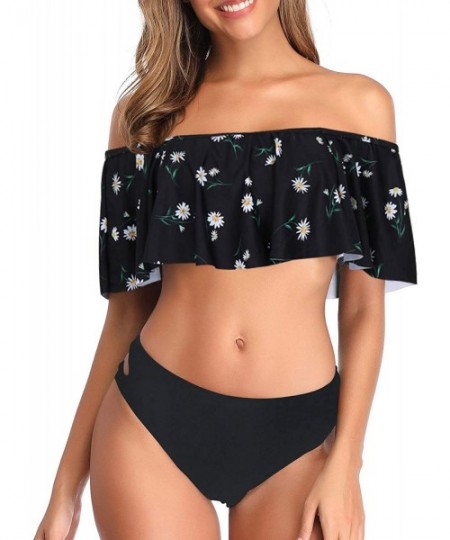 Sets Women Off-Shoulder Two Piece Bikini Set Ruffled Floral Print Swimsuit - Marguerite Print - C01980KC4O5