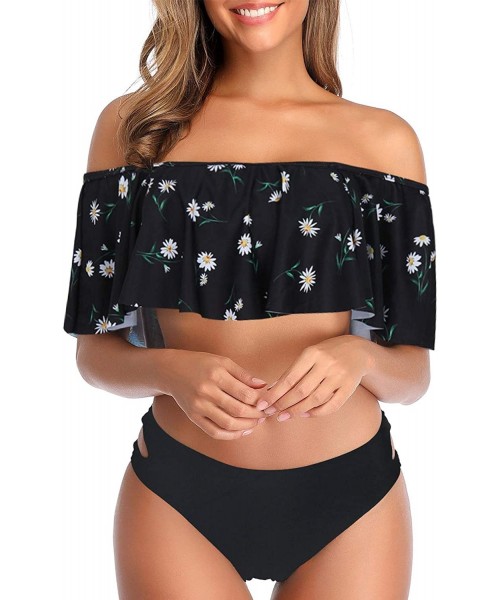 Sets Women Off-Shoulder Two Piece Bikini Set Ruffled Floral Print Swimsuit - Marguerite Print - C01980KC4O5