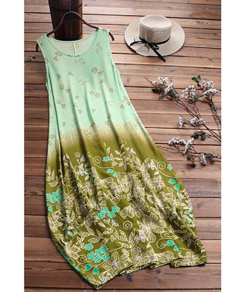 Cover-Ups Women's Sleeveless V-Neck Long Tank Dress Vintage Print Summer Boho Casual Loose Party Maxi Dresses - Z4-green - C7...