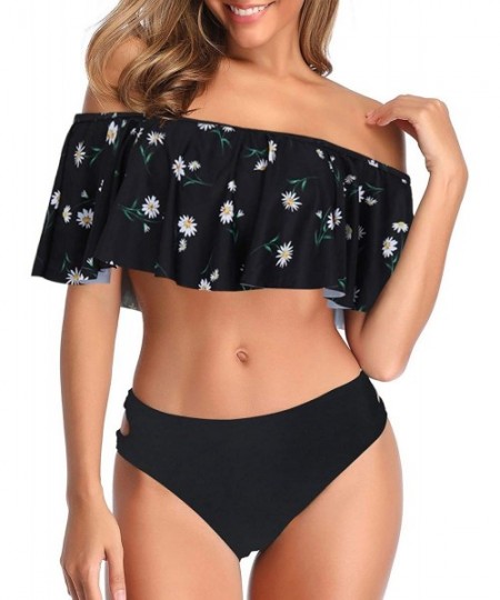 Sets Women Off-Shoulder Two Piece Bikini Set Ruffled Floral Print Swimsuit - Marguerite Print - C01980KC4O5