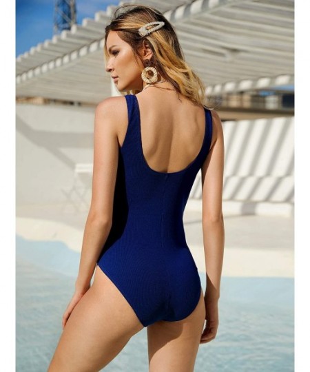 One-Pieces Women's Button Front One Piece Monokini High Waisted Bathing Bikini High Cut Swimsuit - Dark Blue - CG18SIOKNG0