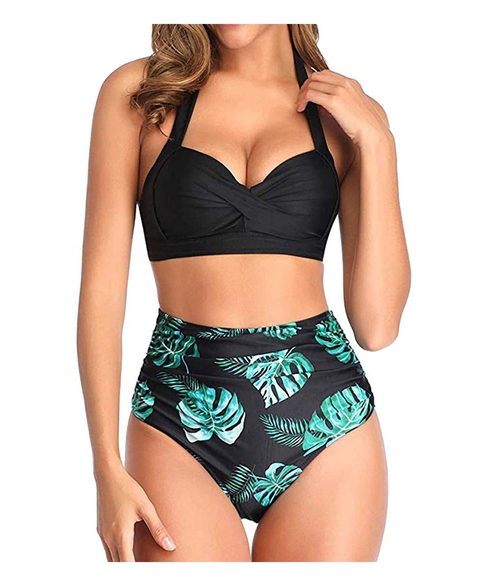 Sets Women's Padded Two Piece Swimsuit Floral Printed Vintage Bikini Push-up High Waist - Black Leaf - CS19C4NEMH0