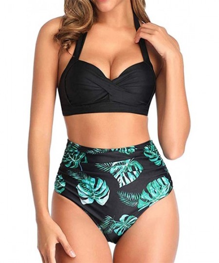 Sets Women's Padded Two Piece Swimsuit Floral Printed Vintage Bikini Push-up High Waist - Black Leaf - CS19C4NEMH0