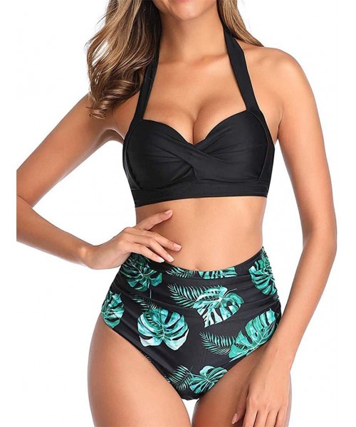 Sets Women's Padded Two Piece Swimsuit Floral Printed Vintage Bikini Push-up High Waist - Black Leaf - CS19C4NEMH0