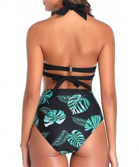 Sets Women's Padded Two Piece Swimsuit Floral Printed Vintage Bikini Push-up High Waist - Black Leaf - CS19C4NEMH0