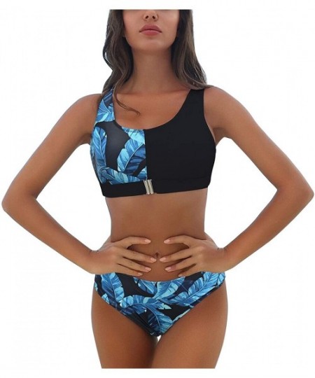 Sets Women's Leopard Bikini Set Padded Tank Top Buckle Front Low Back Two Piece Swimsuit - Blue - CH1998A5IQA