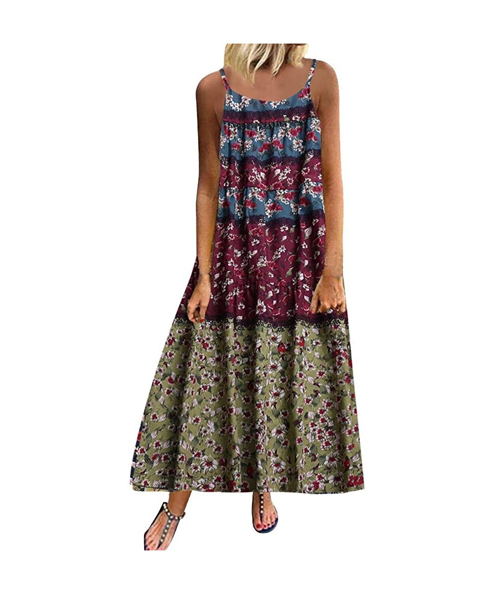 Cover-Ups Women's Dresses-2020 Summer Newest Arrival Plus Size Bohemian O-Neck Floral Vintage Sleeve Long Maxi - Green-2 - CU...