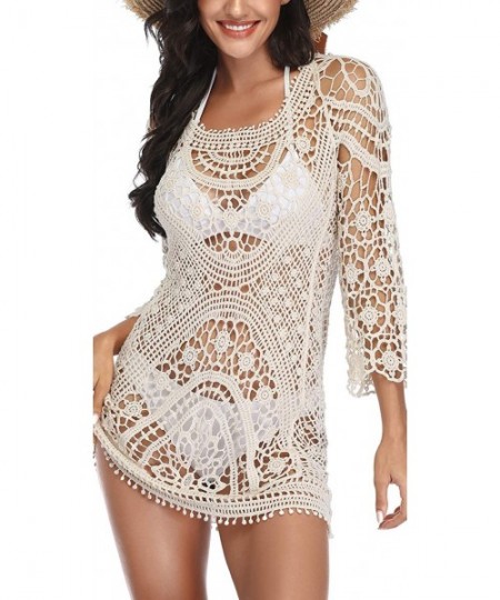 Cover-Ups Bathing Suit Cover Up for Beach Pool Swimwear Lace Crochet Dress - A-beige - CD198OOEK9U