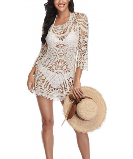 Cover-Ups Bathing Suit Cover Up for Beach Pool Swimwear Lace Crochet Dress - A-beige - CD198OOEK9U