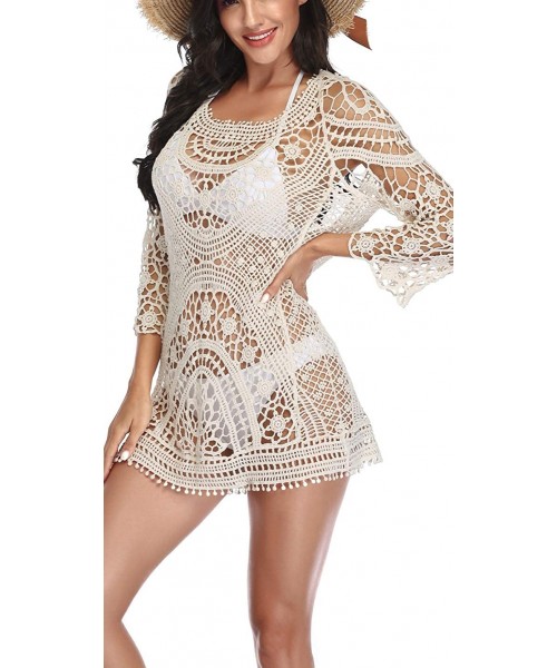 Cover-Ups Bathing Suit Cover Up for Beach Pool Swimwear Lace Crochet Dress - A-beige - CD198OOEK9U