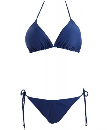 Sets Women's Triangle Bikini Set- Padded Top String Bathing Suit- Tie Side Brazilian Swimwear Bottom - Navy Blue - CC18GDGEOUA