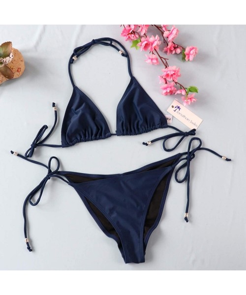 Sets Women's Triangle Bikini Set- Padded Top String Bathing Suit- Tie Side Brazilian Swimwear Bottom - Navy Blue - CC18GDGEOUA