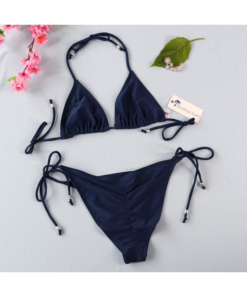 Sets Women's Triangle Bikini Set- Padded Top String Bathing Suit- Tie Side Brazilian Swimwear Bottom - Navy Blue - CC18GDGEOUA