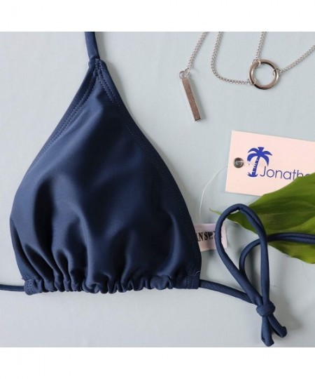 Sets Women's Triangle Bikini Set- Padded Top String Bathing Suit- Tie Side Brazilian Swimwear Bottom - Navy Blue - CC18GDGEOUA