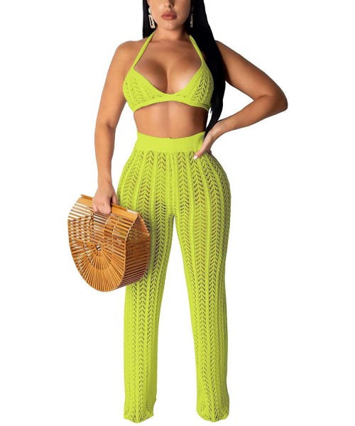 Cover-Ups Women Hollow Out Knitted See Through 2 Piece Outfits Halter Bandeau Top Long Pant Bikini Cover up - Green - C718U8E...