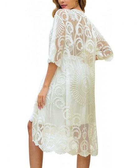 Cover-Ups Women's Lace Cardigan Floral Crochet Sheer Beach Cover Ups Long Kimono - Z-apricot - CA192QNYC70