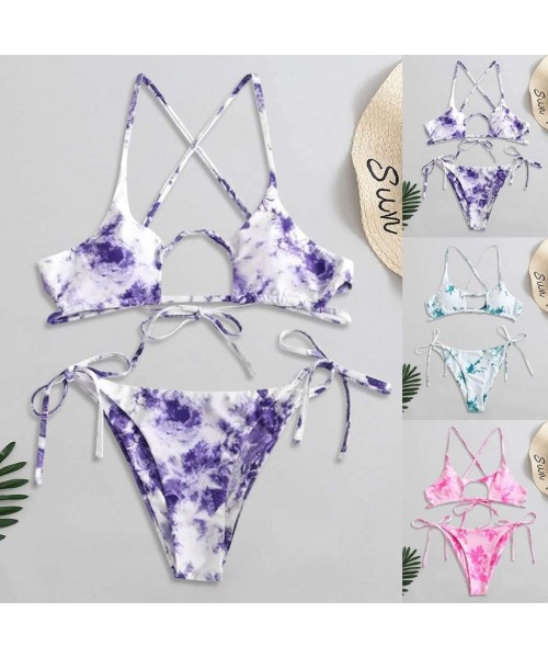 Sets Women's Yes Daddy Letter Print Bikini Set Push Up Padded Two Piece Swimsuit Beach Swimwear Bathing Suit Z3 purple - C219...