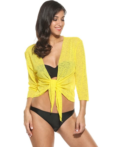 Cover-Ups Women's Front Tie Beach Swimsuit Cover Up Shrug Knit Open Cardigan - Yellow - CN12O7Q29Q6