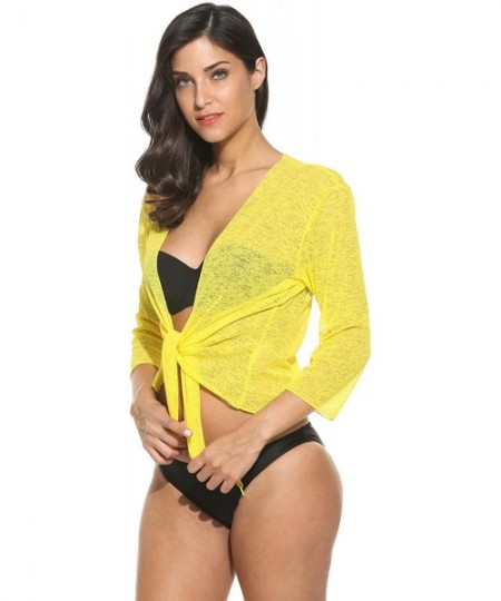 Cover-Ups Women's Front Tie Beach Swimsuit Cover Up Shrug Knit Open Cardigan - Yellow - CN12O7Q29Q6