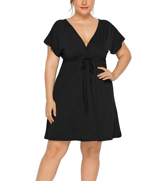 Cover-Ups Plus Size Mini Dress - 2020 Sexy V Neck Summer Plus Size Dresses Casual Party Beach M-4XL - Black - CF18RXQDGMH