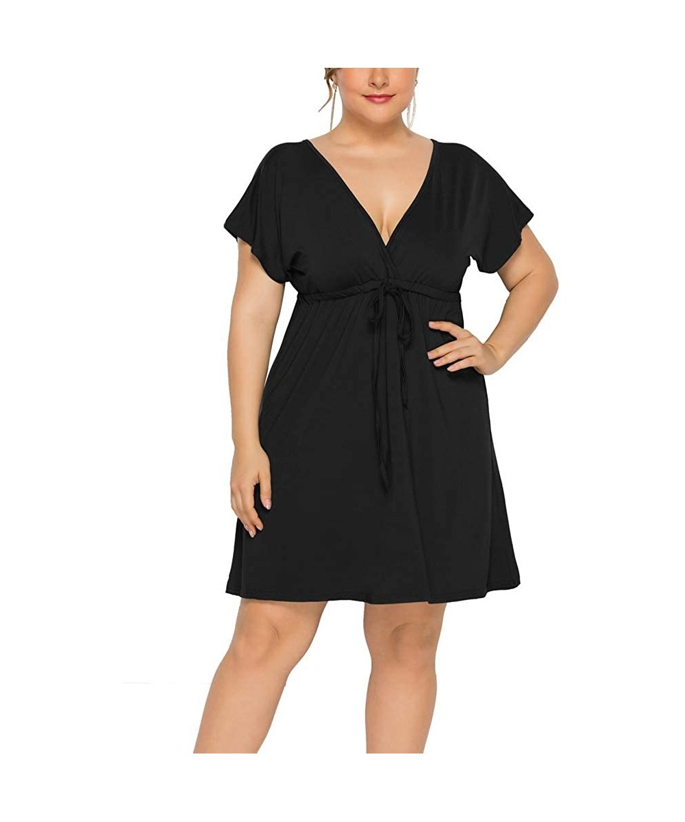 Cover-Ups Plus Size Mini Dress - 2020 Sexy V Neck Summer Plus Size Dresses Casual Party Beach M-4XL - Black - CF18RXQDGMH