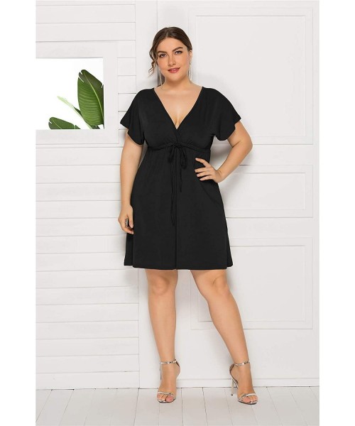 Cover-Ups Plus Size Mini Dress - 2020 Sexy V Neck Summer Plus Size Dresses Casual Party Beach M-4XL - Black - CF18RXQDGMH