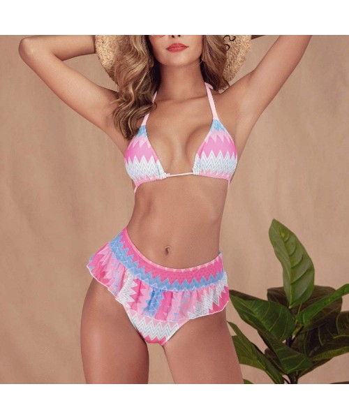 Sets Women's Two Piece Striped Halter Push Up Triangle Bikini Swimsuit Ruffle High Waisted Thong Bathing Suit - Colorful - CD...