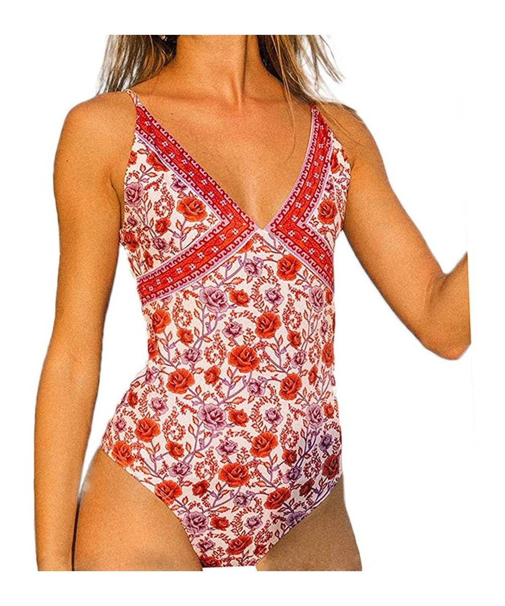 One-Pieces Women One Piece Swimwear Sexy Deep V Neck Swimsuit Floral Print Strappy Monokini - Red - CB194LHZYT7