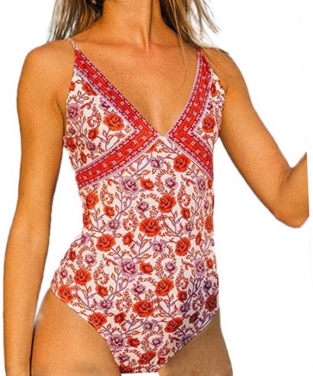 One-Pieces Women One Piece Swimwear Sexy Deep V Neck Swimsuit Floral Print Strappy Monokini - Red - CB194LHZYT7