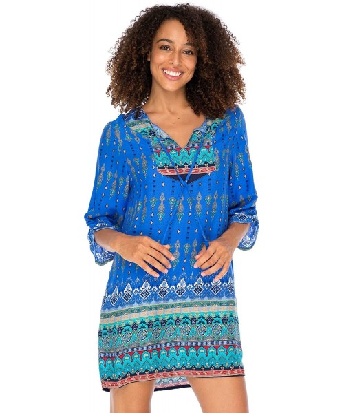 Cover-Ups Womens Boho Vintage Print Loose Fit Tunic Dress V Neck with Tassel Ties Casual Bohemian Swimsuit Cover Up Turquoise...