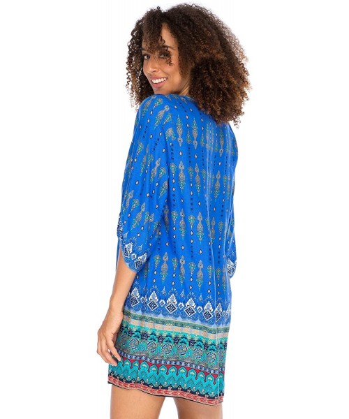 Cover-Ups Womens Boho Vintage Print Loose Fit Tunic Dress V Neck with Tassel Ties Casual Bohemian Swimsuit Cover Up Turquoise...