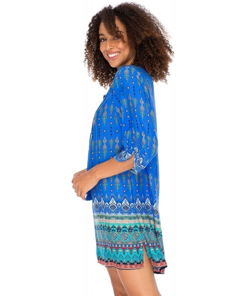 Cover-Ups Womens Boho Vintage Print Loose Fit Tunic Dress V Neck with Tassel Ties Casual Bohemian Swimsuit Cover Up Turquoise...