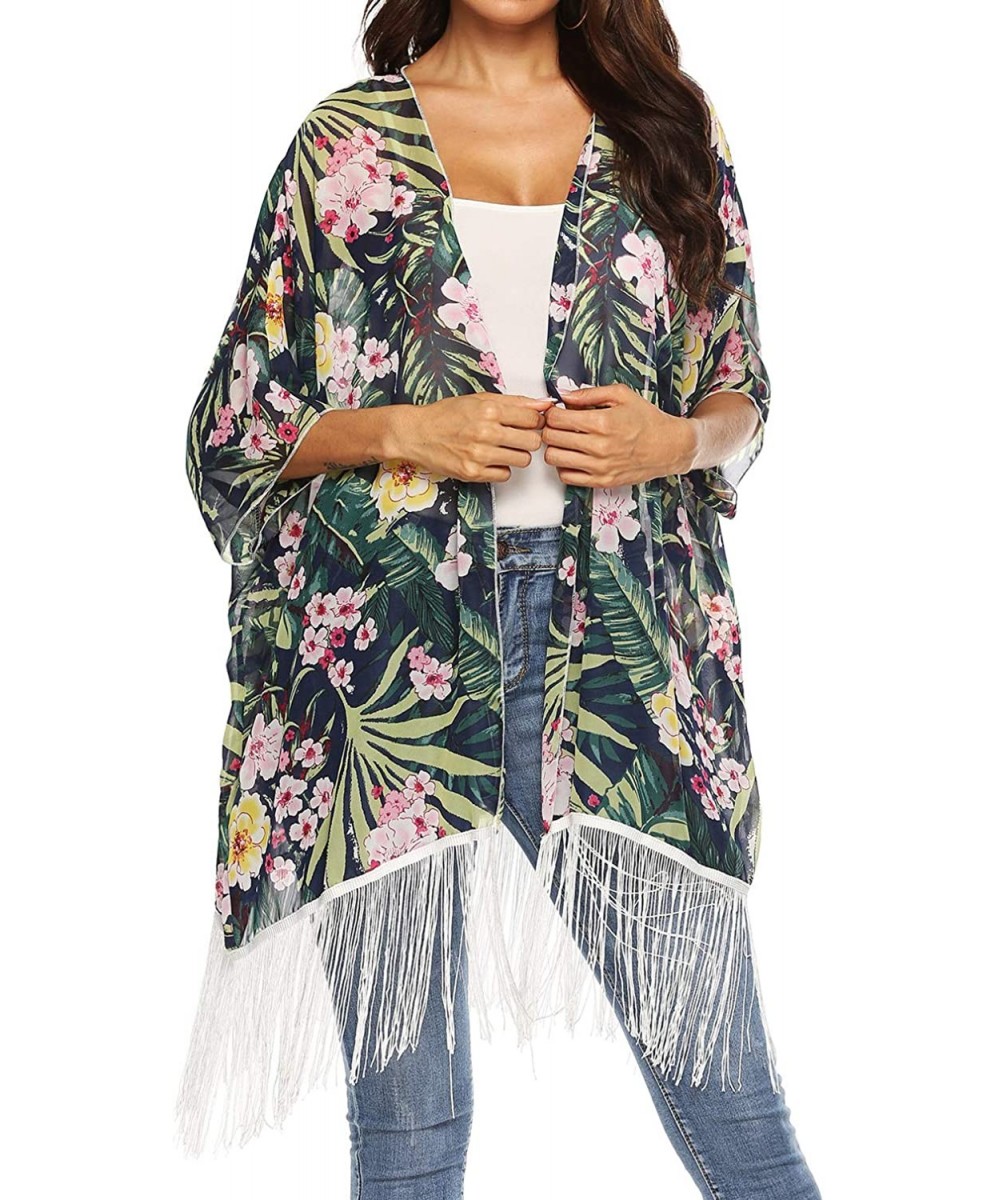 Cover-Ups Women's Sleeve Floral Chiffon Kimono Cardigan Blouse - Fringe Green - CI18UORDQR0