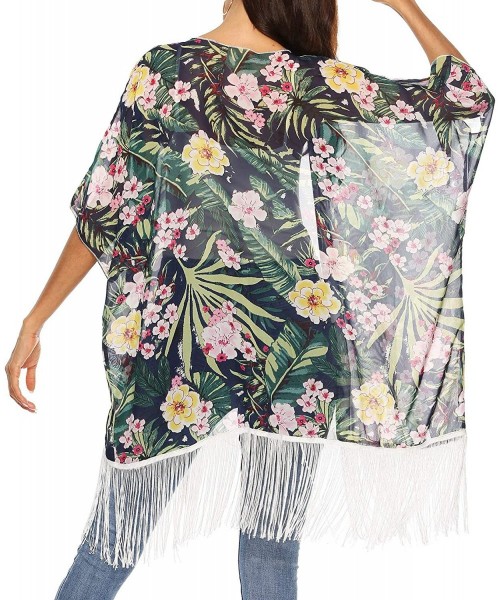 Cover-Ups Women's Sleeve Floral Chiffon Kimono Cardigan Blouse - Fringe Green - CI18UORDQR0