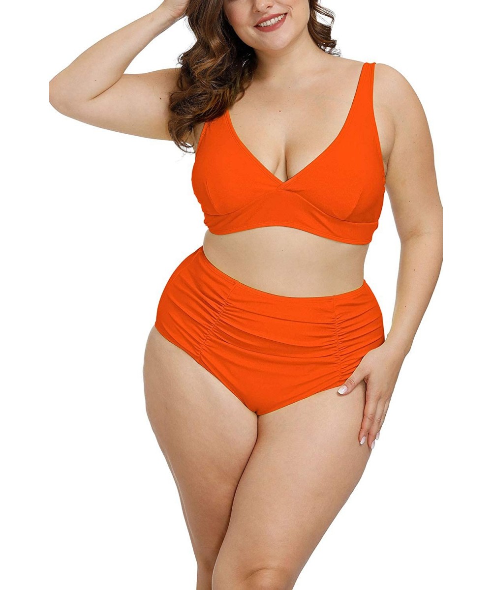 Sets Women's Plus Size Swimwear High Waisted Swimsuits Ruched Tummy Control Bikini Set - Orange - C31953H0ZKR