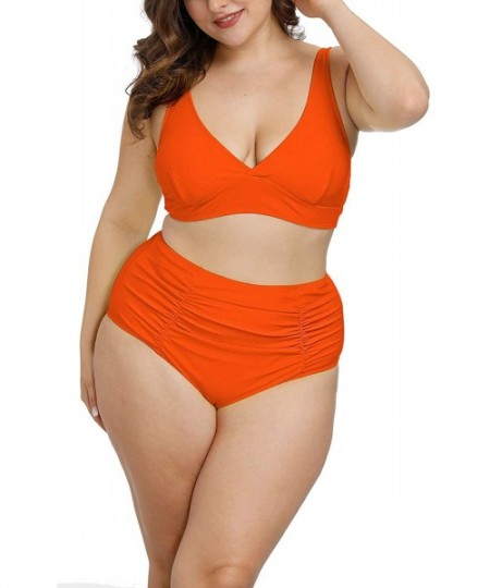 Sets Women's Plus Size Swimwear High Waisted Swimsuits Ruched Tummy Control Bikini Set - Orange - C31953H0ZKR