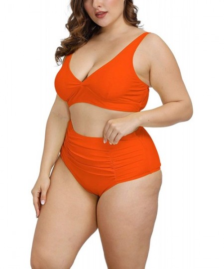 Sets Women's Plus Size Swimwear High Waisted Swimsuits Ruched Tummy Control Bikini Set - Orange - C31953H0ZKR