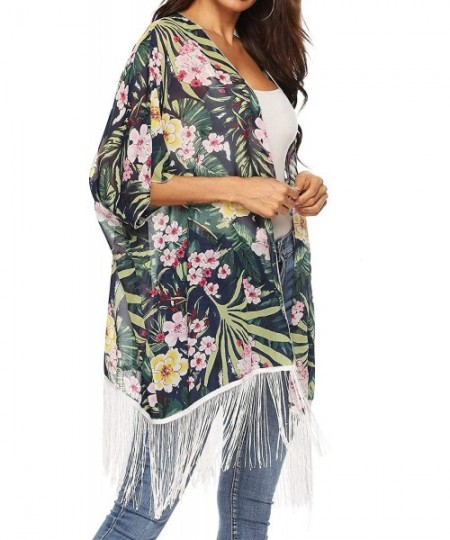 Cover-Ups Women's Sleeve Floral Chiffon Kimono Cardigan Blouse - Fringe Green - CI18UORDQR0