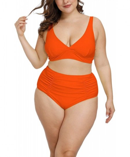 Sets Women's Plus Size Swimwear High Waisted Swimsuits Ruched Tummy Control Bikini Set - Orange - C31953H0ZKR