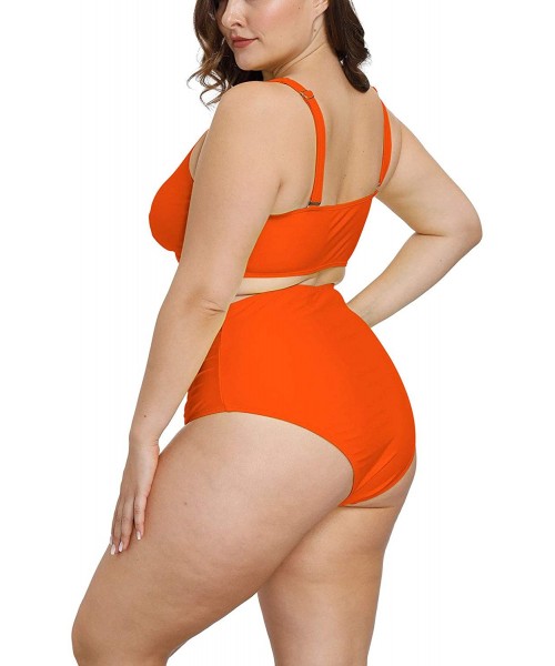 Sets Women's Plus Size Swimwear High Waisted Swimsuits Ruched Tummy Control Bikini Set - Orange - C31953H0ZKR