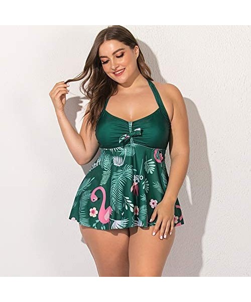 Sets Plus Size Halter Swimsuits for Women Tankini Set Tummy Control- Flamingo Leaf Print Front Tie 2 Pieces - Green - CW196OA...