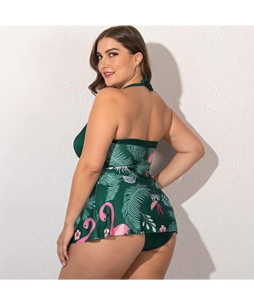 Sets Plus Size Halter Swimsuits for Women Tankini Set Tummy Control- Flamingo Leaf Print Front Tie 2 Pieces - Green - CW196OA...