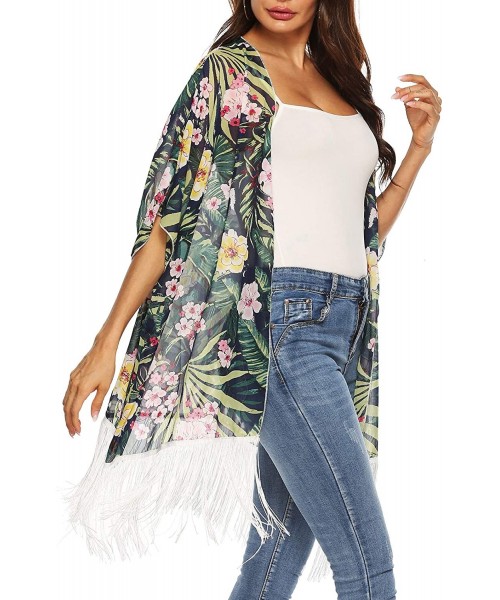 Cover-Ups Women's Sleeve Floral Chiffon Kimono Cardigan Blouse - Fringe Green - CI18UORDQR0