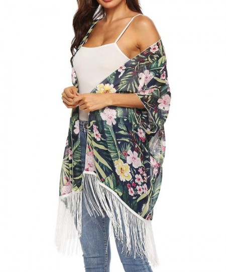 Cover-Ups Women's Sleeve Floral Chiffon Kimono Cardigan Blouse - Fringe Green - CI18UORDQR0