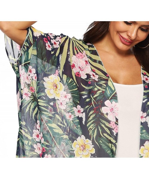 Cover-Ups Women's Sleeve Floral Chiffon Kimono Cardigan Blouse - Fringe Green - CI18UORDQR0