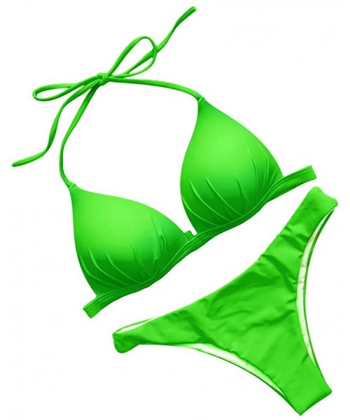 Sets Women's Bikini Solid Set Swimsuit Two Piece Filled Bra Swimwear Beachwear Beach Briefs Women 2019 New - Green - C218R8GL6XN