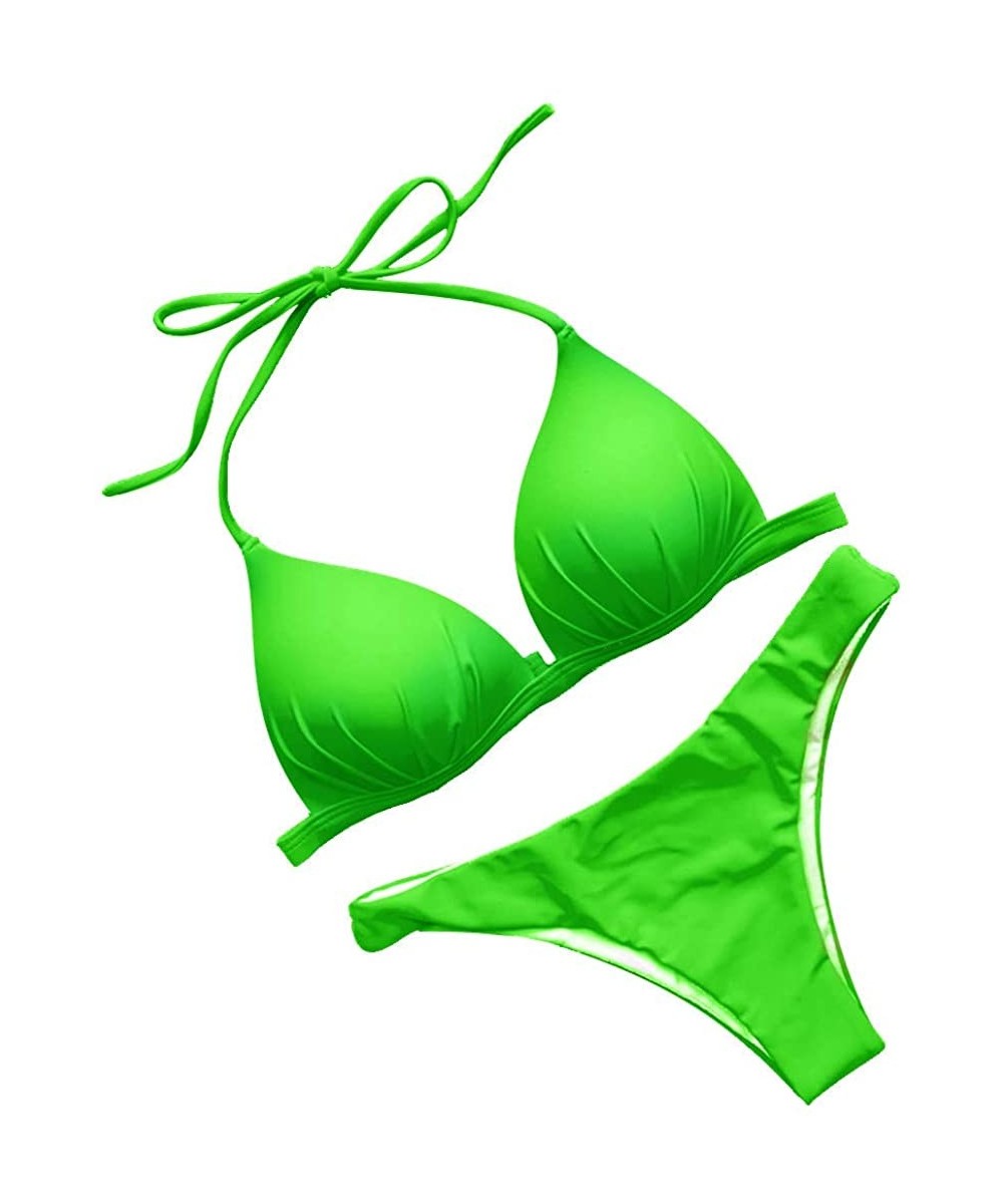 Sets Women's Bikini Solid Set Swimsuit Two Piece Filled Bra Swimwear Beachwear Beach Briefs Women 2019 New - Green - C218R8GL6XN