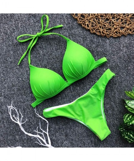 Sets Women's Bikini Solid Set Swimsuit Two Piece Filled Bra Swimwear Beachwear Beach Briefs Women 2019 New - Green - C218R8GL6XN